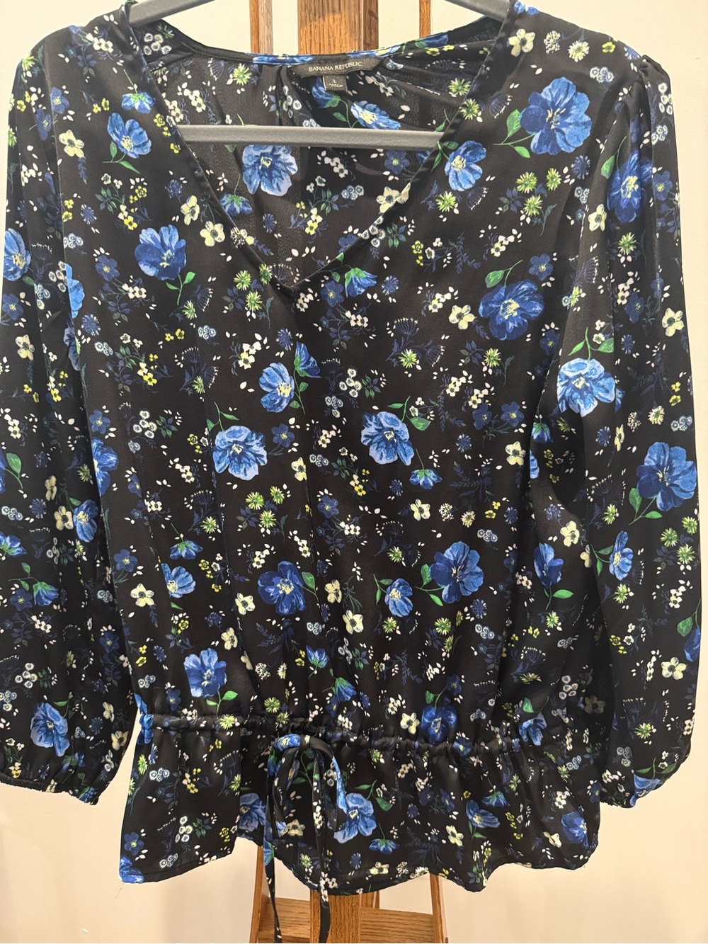 Banana Republic Black Top with Blue Floral Print and Green Accents